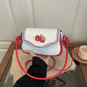 Fashionable plaid small square bag with embroidery and blue bowknot for daily commute