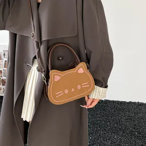 Sac à main mignon en forme de chat marron avec broderie et bandoulière réglable