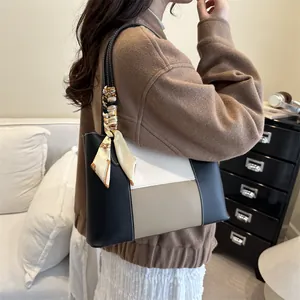 Minimalist tri-color patchwork leather tote bag with silk scarf and long shoulder straps