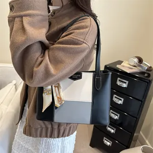 Three-color patchwork leather tote bag with silk scarf for casual commuting style