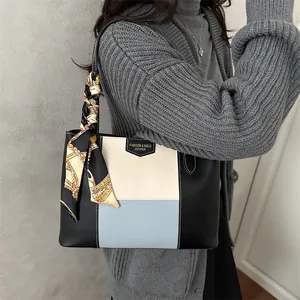 Three-color patchwork tote bag with silk scarf accessory for women casual commuting