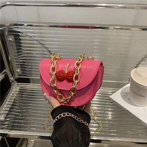 Mini PU Leather Crossbody Bag With Cherry Decoration Metal Chain Strap Fashion Small Square Shoulder Bag Party Women Purse