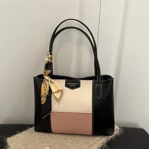 Women Color Block PU Leather Tote Bag Large Capacity Commuting Shoulder Bag With Printed Satin Scarf Decoration Casual Handbag