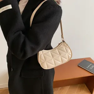 Chic beige quilted underarm shoulder bag with geometric stitching for women