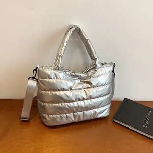 Women Metallic Puffer Tote Bag Shiny Quilted Shoulder Bag Casual Space Cotton Handbag Large Capacity Crossbody Bag