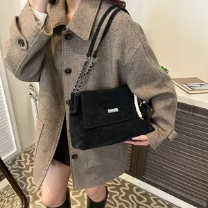 Retro black suede crossbody bag with metal chain strap and decorative beads