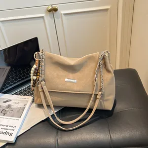Vintage Frosted Faux Leather Tote Bag Women Retro Large Capacity Shoulder Bag With Chain Strap And Beaded Charm Office Bag