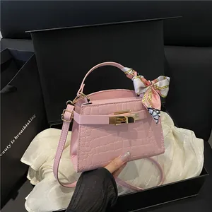 Women Crocodile Embossed PU Leather Handbag With Satin Scarf Decor Gold Metal Lock Shoulder Crossbody Small Square Bag