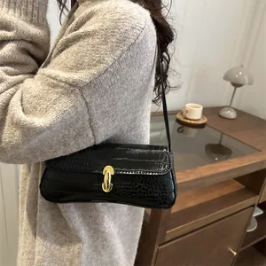 French retro black crocodile pattern underarm bag with gold buckle for women