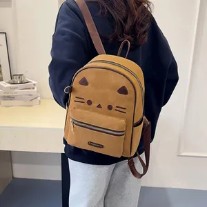 French vintage caramel cat backpack with cute embroidery and large capacity for women