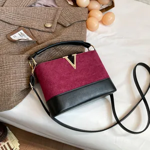 Women Minimalist PU Leather Suede Patchwork Shoulder Bag Fashion V Metal Buckle Handbag Casual Commuting Crossbody Bag