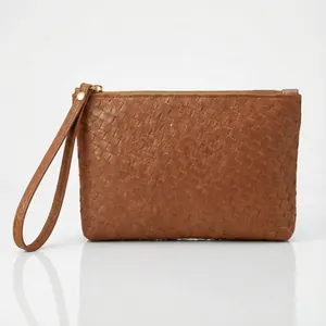 Brown hand-woven leather clutch wallet for men and women with gold zipper and wrist strap