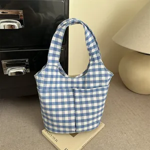 Sac Cabas en Toile Vichy Coréenne pour Femme Grande Capacité Sac à Épaule à Grille Avec Poches Avant Sac à Main Décontracté