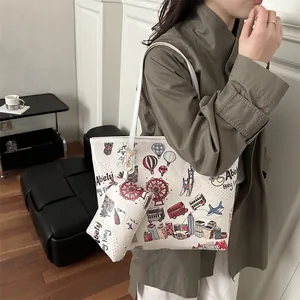 Retro cartoon printed large capacity white tote bag with city illustration and small pouch