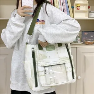 Retro Chinese style large canvas tote bag with calligraphy in green and white color