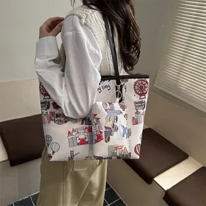 Large retro tote bag with cartoon city print and small matching pouch for women