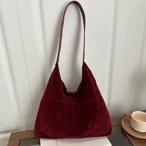 Borsa Tote in Finta Pelle Scamosciata Retrò per Donna Borsa a Spalla Grande Capacità Casual Tinta Unita Hobo Bag Con Tasche Esterne Borsa Trendy