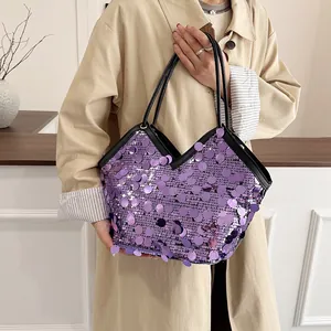 Chic purple sequin tote bag with black straps, stylish high-capacity shoulder bag for women