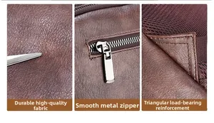Detail of durable leather fabric, smooth metal zipper and reinforced triangular stitching