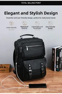 Macro shot of black leather business backpack showing external USB charging port detail