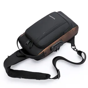 Waterproof anti-theft sling bag for men with a security combination lock and bronze accents