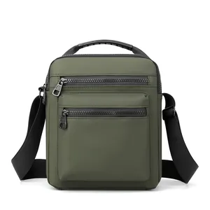 Army green casual men shoulder bag in durable oxford fabric with multiple zip pockets