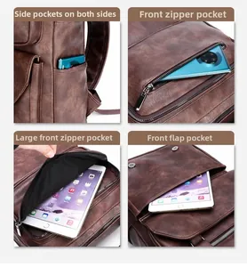 Detailed storage view of a leather laptop backpack showing multi-pocket organization