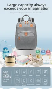 Detailed view of grey large-capacity diaper backpack with various baby essentials organized