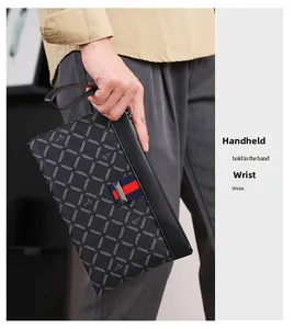 Detailed close-up of men's black checkered clutch with leather strap and zipper