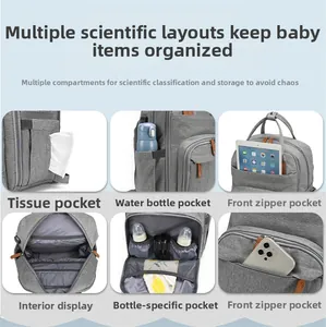 Detail view of large capacity diaper bag with thermal bottle pockets and tissue side pocket