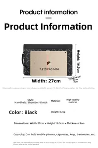 Gedetailleerde weergave van zwarte herenclutch met afmetingen 27x16.5x3cm en texturen