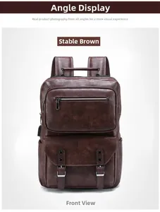 Front view of steady brown leather business backpack with buckle pocket details