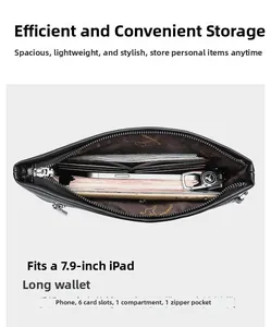 Internal layout of men's leather clutch showing large capacity for iPad and cards