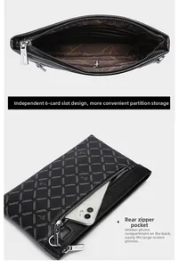 Detail of business clutch with 6 card slots and a rear zipper pocket for smartphones