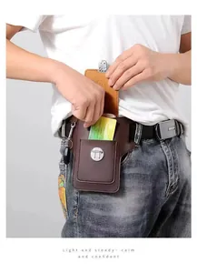 Ανδρική δερμάτινη θήκη ζώνης σε καφέ χρώμα με πολλαπλές θέσεις και κρίκο κλειδιών