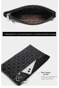 Detailed interior of men's clutch bag showing 6 card slots and rear phone pocket