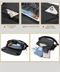 Detalle de bolsa de nailon impermeable con cremallera frontal, funda iPad y bolsillo antirrobo