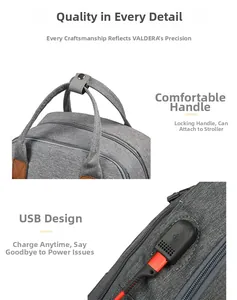 Detail of gray diaper bag with locking double handles and integrated USB charging port