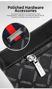 Detail of high-temperature polished gun-metal hardware on men's plaid clutch bag