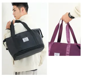 Detailed view of the double-layer expandable travel bag with a wet-dry separation pocket