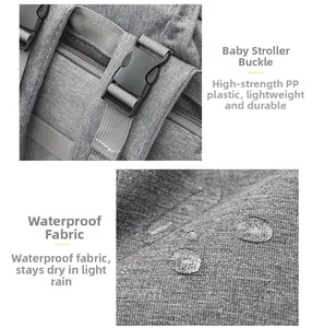 Detail of waterproof diaper bag with high-strength stroller hooks and rainproof fabric