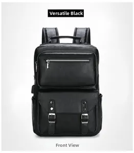 Close-up of leather backpack featuring a USB charging port and dual buckle front pocket