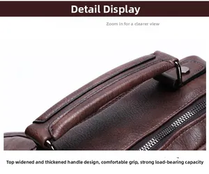 Macro detail of widened genuine cowhide leather handle with reinforced metal buckle