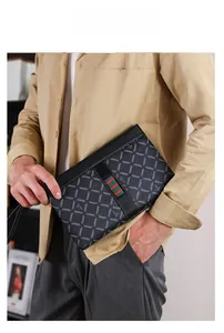 Detail of men's business clutch bag showing checkered texture and green-red stripe