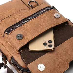Braune Vintage PU-Leder Herren Umhängetasche mit Reißverschlüssen und Handyfach