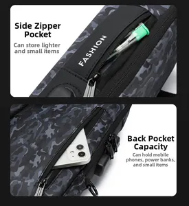 Detail view of anti-theft chest bag featuring security lock and multi-pocket storage