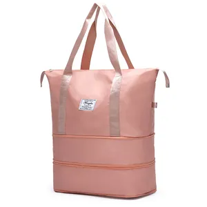 Pink large capacity travel tote bag with expandable bottom and waterproof nylon fabric