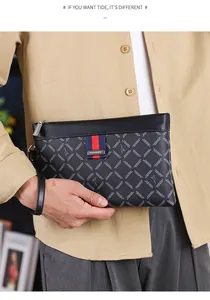 Detail of men's business clutch bag with grey geometric grid pattern and metal buckle