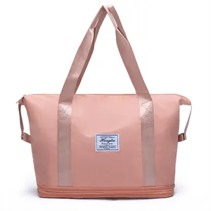 Pink large capacity travel bag with double layers for wet dry separation and extension