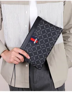 Close-up of men's business clutch bag with plaid kangaroo pattern and wrist strap